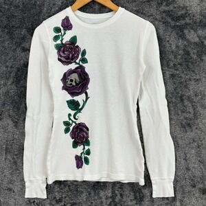 Sinful by Affliction Womens White Thermal Shirt Medium Rose Skull Rhinestone